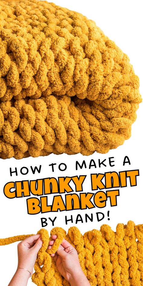 How to make a chunky hand knitted blanket Big Yarn Blanket, Finger Knitting Blankets, Chunky Blanket Diy, Chunky Blanket Pattern, Chunky Knit Blanket Pattern, Chunky Yarn Blanket, Finger Knitting Projects, Chunky Blankets, Chunky Crochet Blanket Pattern