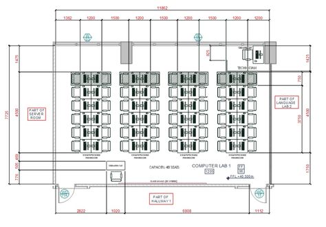 Computer Lab Layout Plan DWG File Computer Lab Floor Plan, Computer Lab Design Interior, School Library Layout Floor Plans, Computer Classroom Design, Lab Floor Plan, Computer Library, School Computer Lab Design, Lab Komputer, Hub Architecture