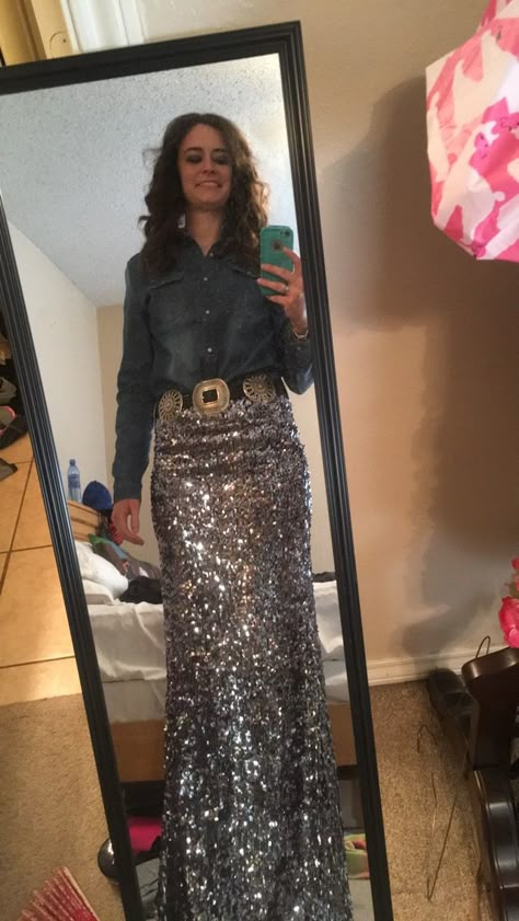 Sequence Western Outfits, Western Sequin Skirt Outfit, Bedazzled Western Outfit, Rodeo Banquet Outfit, Western Theme Christmas Party Outfit, Sequin Skirt And Cowboy Boots, Boots And Bling Party Theme Outfit, Reba Mcentire Outfits, Bling Western Outfit