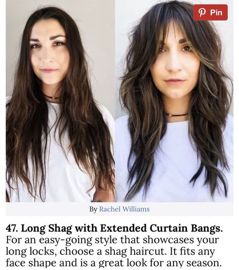 Long Shag Haircut Before And After, Long Shag Hair With Curtain Bangs, Edgy Layers For Long Hair, Long Shag Brunette Hair, Long Shag Haircut For Round Faces, Edgy Long Haircut For Thick Hair, Long Haircut Shaggy Layers, Dark Brown Shaggy Long Hair, Long Layered Shag With Curtain Bangs