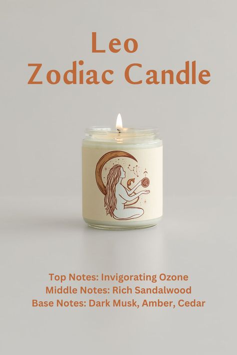 Leo Zodiac Candle with a celestial illustration on the label, featuring scent notes of ozone, sandalwood, dark musk, amber, and cedar, capturing the bold essence of the fire sign. Zodiac Candle, Leo Sun, Leo Season, Radiant Energy, Fire Signs, Leo Zodiac, Hand Poured, The Fire, Thoughtful Gifts