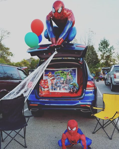 Trunk or treat. Spiderman Marvel Trunk Or Treat Spiderman, Marvel Trunk Or Treat, Parking Lot Party, Trunk And Treat, Halloween Car Decorations, Church Halloween, Halloween Trunk Or Treat, Trunk Ideas, Trunk Or Treat Ideas