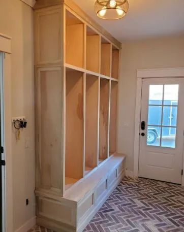 Custom Mudroom Bench, Small Mudroom Built Ins With Bench, Built In Mudroom Bench, Mudroom Cabinets With Bench, Mudroom Drawer Bench, L Shaped Mudroom, Mudroom Bench Height, Mudroom Bench Plans How To Build, Mudroom Lockers With Bench