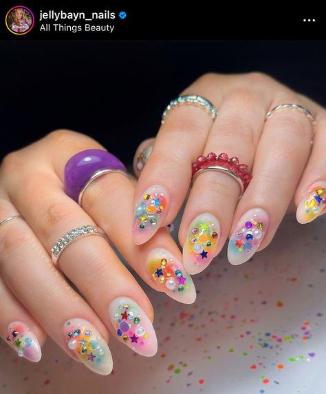 Spot Sprite Nails, Pink Confetti Nails, Rainbow Nail Ideas, Cat Eye Nail Designs, Cake Nails, Ankle Tattoo Ideas, Cat Eye Nail, Confetti Nails, Rainbow Nail