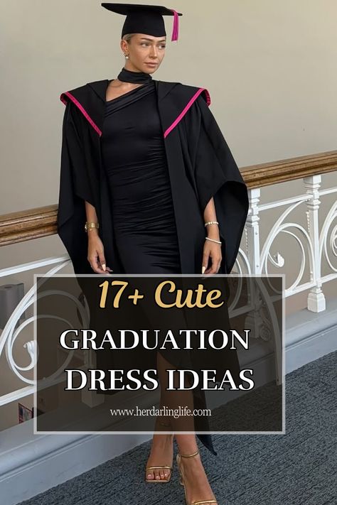 Wondering what to wear under your cap and gown? These graduation dresses are stylish, comfortable, and perfect for the big reveal. #GradDayFashion #CapsAndGowns Formal Dress Graduation Pictures, Dresses Under Graduation Gown, Graduation Dress Under Cap And Gown, Graduation Outfit Ideas With Gown, Dress Under Graduation Gown, Graduation Dress To Impress, Convocation Outfit Graduation, Graduation Outfit Ideas University, Graduation Outfits For Women