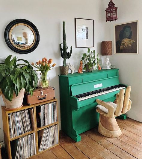 Piano And Office Room, Small Space Music Studio, Mid Century Modern Music Studio, Piano Hallway, Small Piano Room, Boho Piano, Earthy Apartment, Small Music Room, Piano Room Decor