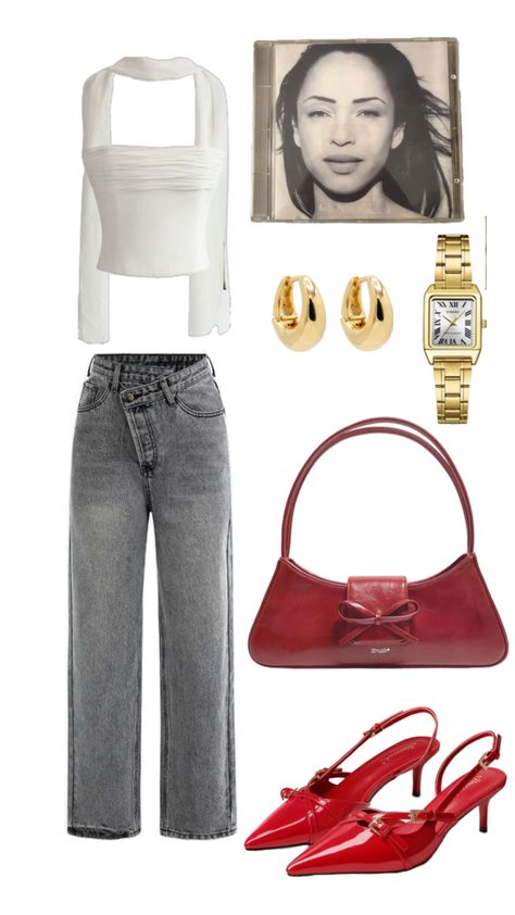 white tube top scarf, asymmetrical grey jeans, red kitten heels, red purse, chunky gold earrings, gold cartier watch, sade, sade aesthetic, outfit aesthetic, parisian chic Gold Cartier Watch, Red Purse Outfit, Red Heels Outfit, Sade Aesthetic, Red Top Outfit, Kitten Heels Outfit, Chunky Gold Earrings, Red Kitten Heels, Gold Kitten Heels