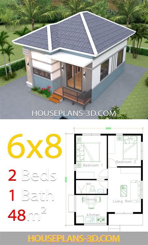 House Design 6x7 With 2 Bedrooms - House Plans 3D House Plans 3d, Gable Roof House, One Bedroom House Plans, Flat Roof House, Little House Plans, Affordable House Plans, Roof House, 2 Bedroom House Plans, Simple House Design