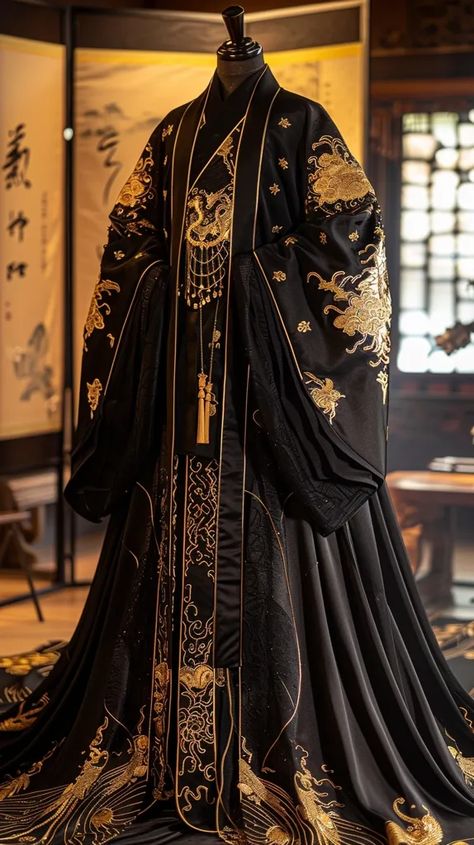 The image shows a black hanfu with golden embroidery. The hanfu is a traditional Chinese garment ->> more details in ai-img-gen.com Chinese Emperor Clothing, Black Hanfu, Cloud Embroidery, Court Attire, Props Design, Chinese Emperor, Ancient Dress, Black Cloak, Golden Embroidery