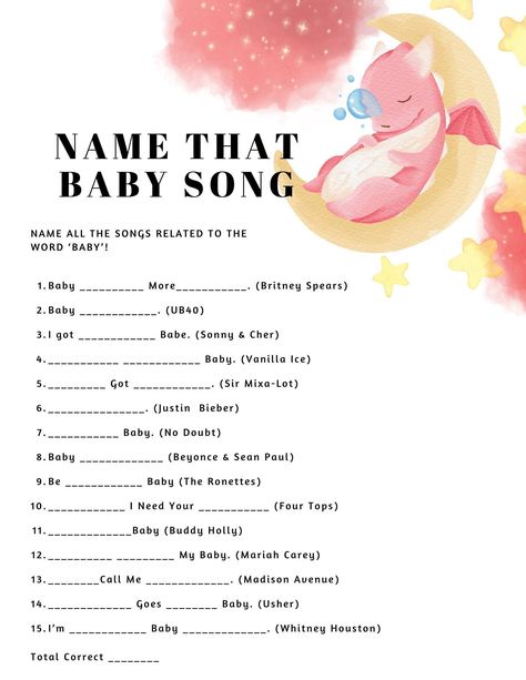 This digital download comes with three baby shower games for your Baby Dragon coming this year! You will receive .pdf files to download for the popular games (1.) Baby Predictions and Advice for Mom and Dad (2.) Name That Baby Song (includes an answer key .pdf file) and (3.) Find the Guest! Baby Dragon Baby Shower Ideas, Baby Shower Games Ideas, Work Baby Showers, Outer Space Baby Shower, Dragon Baby Shower, Gender Reveal Baby Shower Themes, Noahs Ark Baby Shower, Baby Song, Baby Gender Reveal Party Decorations