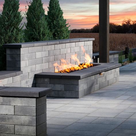 Outdoor Fire Wall Feature, Planter Seat, Beach House Outside, Fire Feature Wall, Fire Pit Wall, Patio Design Ideas, Wall Fires, Paver Designs, Outside Bars