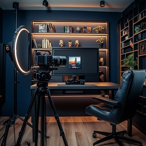 A modern YouTube studio with dark navy walls, professional camera setup, elegant built-in shelving, and ambient lighting, designed for high-quality content creation. Presented by 'Hack My Home: Luxury Design Styles,' a community focused on luxury home interiors. Podcast Room Setup Ideas, Content Creator Workspace, Home Office Youtube Studio, Garage Podcast Studio, Studio Youtube Room, Office Youtube Studio, Studio Podcast Design, Home Podcast Studio Setup, Podcast Studio Design Home