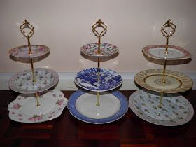 Step 1.  Find an assortment of gorgeous patterned plates in graduated sizes from your local Op shops and Garage sales for only $1!  This ... 3 Tiered Cake, Three Tier Cake Stand, Diy Cake Stand, Three Tier Cake, 3 Tier Cake Stand, 3 Tier Cake, High Tea Party, Dessert Aux Fruits, Tiered Cake