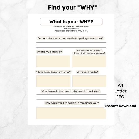 What’s Your Why, Journal Worksheets, Health Printables, What Is Your Why, Recreational Therapy, Recreation Therapy, Find Your Why, Wellness Journal, Team Activities