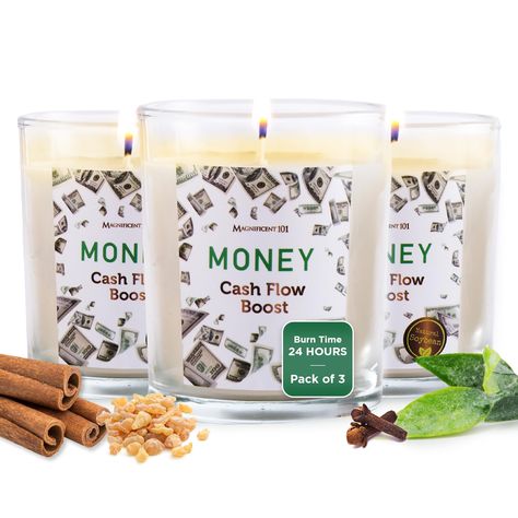 PRICES MAY VARY. 10.5 OZ AROMATHERAPY CANDLES: Embrace prosperity with money candles. Expertly crafted from sustainably sourced sage, clove, cinnamon, nutmeg, myrrh, and citronella, with soothing rain and sage herbs. 42-HOUR BURN TIME: Unwind peacefully with our set of 3 Money Cash Flow Boost candles. The three 3.5 Oz candles promise a calming 42-hour total burn time, ideal for prolonged relaxation. PORTABLE INTENTION-SETTING CANDLE: Experience positive vibrations with the meditation candles. Compact and ideal for on-the-go, take time to sit, ignite and release negative energy for true serenity. CLEANSE THY SOUL: Elevate your vibration and cleanse your space with the cash-money candles to attract positivity and desired outcome through smudging making room for a new intention in mind. GIFT Cash Money Candles, Money Candles, Attract Positivity, Sage Herb, Candle Sets, Vision Board Kit, Healing Candles, Money Candle, Sage Candle