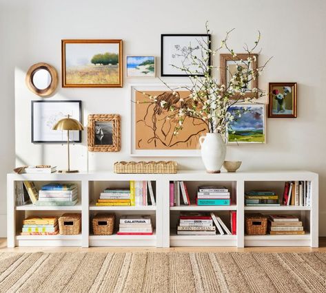 Gallery walls are great for displaying art in a home! If you want to create one but don't know how, this guide full of gallery wall layout ideas will help! Console Bookcase, Low Console, Billy Ikea, Low Bookshelves, Floral Sketch, Low Bookcase, Wood Molding, White Mat, Hard Wood