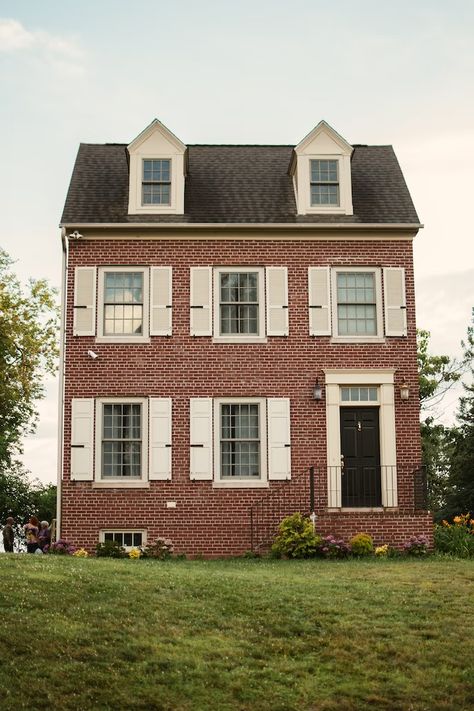 Red Brick White Shutters, Red Brick House White Shutters, White Shutters On Brick House, Brick House White Shutters, Red Brick Black Roof, Partial Brick House Exterior, Brick House Shutters, Brick House With Shutters, House With White Shutters