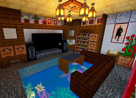 Minecraft Tv Designs, Inside Minecraft Houses Ideas, Minecraft Interior Design Living Rooms, Minecraft House Interior Ideas, Living Room Minecraft, Minecraft Living Room Ideas, Minecraft Living Room, Minecraft House Interior, Modern Minecraft Houses