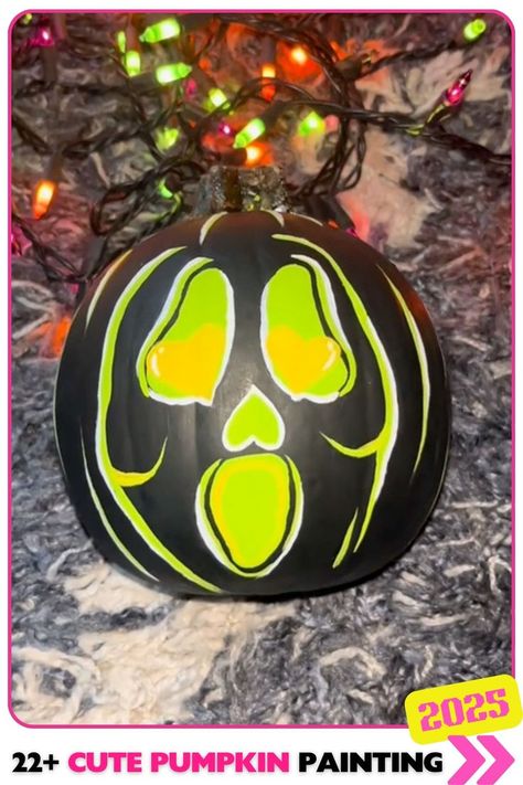 Neon scream mask pumpkin channels classic horror in neon. Its bold colors make it a standout Halloween piece. Cute pumpkin painting ideas for retro horror fans. Scream Mask Pumpkin, Scream Pumpkin Painting, Scream Pumpkin, Cute Pumpkin Painting Ideas, Cute Pumpkin Painting, Scream Mask, Pumpkin Painting Ideas, Pumpkin Mask, Autumn Display