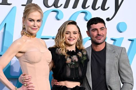 Nicole Kidman, Joey King and Zac Efron Pose for Photos at A Family Affair Premiere in L.A. A Family Affair, Egyptian Theater, Nude Gown, Joey King, Liam Hemsworth, Black Dress Shoes, Blue Carpet, Zac Efron, Family Affair