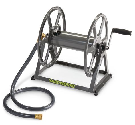 The Yardworks Floorto Wall Mount Steel Garden Hose Reel Cart with Leader Hose, 125-ft, is the perfect solution for your gardening needs. This garden hose features a hose capacity of 200 feet (61 m) and is ideal for huge spaces and backyards. Thanks to its versatile design, you can either mount the hose reel or manually wind it on the ground. Sturdy and durable, this hose reel cart securely mounts to bricks and wood-studded walls. Made from solid, high-quality steel, it extends superior resilienc Garden Hose Reel Cart, Hose Cart, Garden Hose Storage, Garden Hose Reel, Hose Storage, Used Tires, Brick And Wood, Wood Studs, Hose Reel