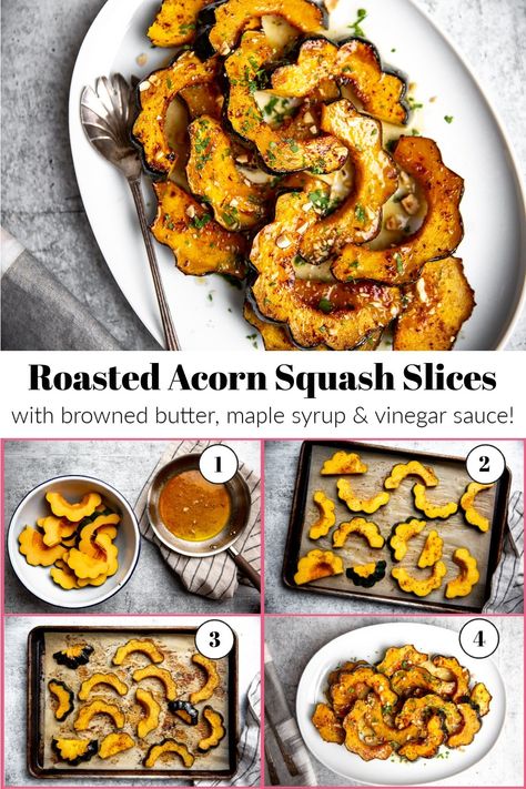 These roasted acorn squash slices are drizzled with a brown butter vinegar sauce for an easy but irresistible side! #acornsquash #acornsquashrecipes #thanksgiving #thanksgivingrecipes Acorn Squash Slices, Acorn Squash Roasted, Vinegar Sauce, Roasted Acorn Squash, Acorn Squash Recipes, Maple Brown, Browned Butter, Holiday Side Dishes, Acorn Squash