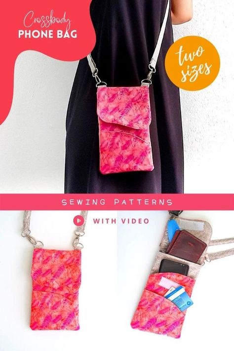 Crossbody Phone Bag sewing pattern (2 sizes and video) - Sew Modern Bags Phone Case Sewing Pattern, Cell Phone Bag Pattern Free Sewing, Cross Body Bag Pattern Free, Phone Purse Pattern, Phone Bag Diy, Diy Crossbody Bag, Crossbody Purse Patterns, Phone Bag Pattern, Phone Case Pattern