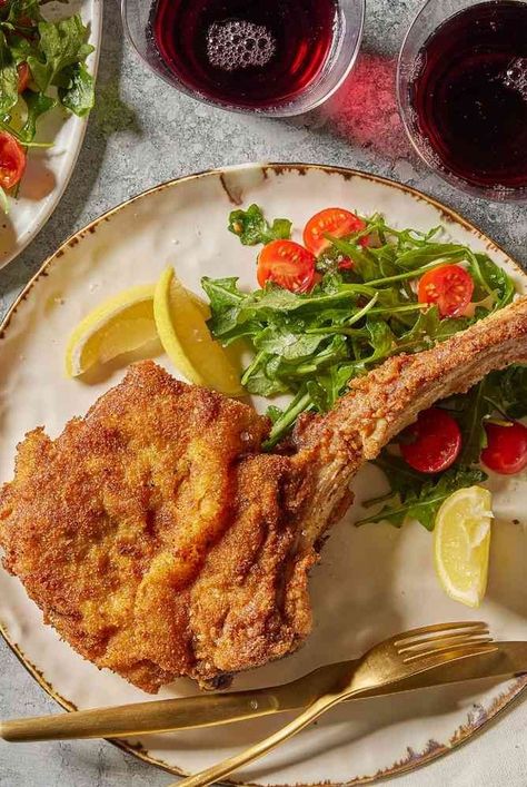 This veal Milanese recipe is a classic version, with a bone-in veal chop breaded and pan-fried until golden brown, then served with a light salad. Veal Chop Recipes, Veal Chops, Veal Milanese, Milanese Recipe, Veal Chop, Veal Recipes, Stanley Tucci, Quick Side Dishes, 2024 Recipes