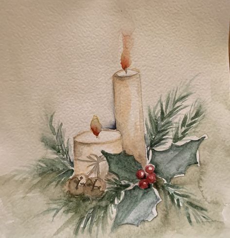 Christmas Watercolors, Watercolor Candles, Watercolor Christmas Cards Diy, Painted Christmas Cards, Learn Watercolor Painting, Watercolor Flowers Tutorial, Christmas Artwork, Christmas Card Art, Holiday Painting