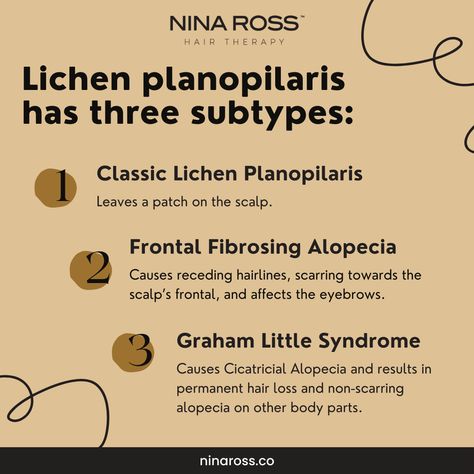 Lichen planopilaris has three subtypes: 🔵 Classic Lichen Planopilaris leaves a patch on the scalp. 🔵 Frontal Fibrosing Alopecia: causes receding hairlines, scarring towards the scalp’s frontal, and affects the eyebrows. 🔵 Graham Little Syndrome: causes Cicatricial Alopecia and results in permanent hair loss and non-scarring alopecia on other body parts. 💎 Visit our website and discover all the solutions for hair loss: ninaross.co Lichen Planopilaris, Frontal Fibrosing Alopecia, Alopecia Causes, Scarring Alopecia, Hair Therapy, Scarring, Nerve, For Hair, Eyebrows