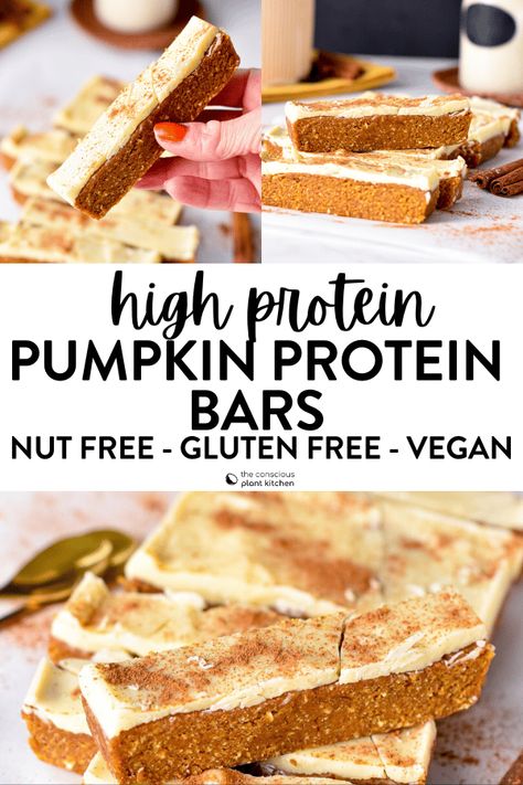 These Pumpkin protein bars are healthy homemade protein bars flavored with pumpkin puree and pumpkin pie spices. Plus, these fall protein bars are also vegan, dairy-free and gluten-free packed with 8 g plant-based proteins. Healthy Homemade Protein Bars, Homemade Protein Bars Healthy, Pumpkin Protein Bars, Conscious Plant Kitchen, Homemade Protein Bars, Pumpkin Pie Protein, Healthy Protein Bars, Pumpkin Protein, Pea Protein Powder