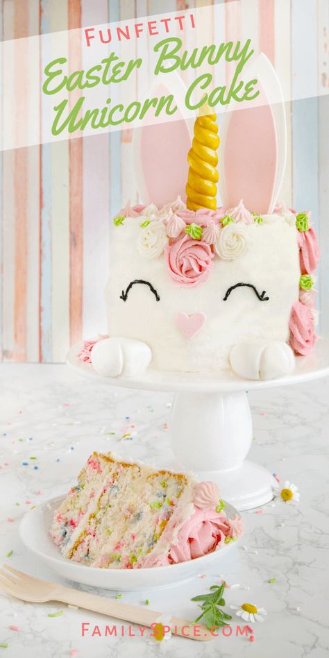 Unicorn Cake Ideas, Unicorn Bunny, Brown Food Coloring, Black Frosting, Funfetti Cake Mix, Pink Frosting, Spring Birthday, Bunny Cake, Funfetti Cake