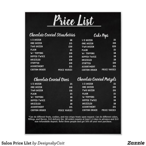 Salon Price LIst Poster https://www.zazzle.com/z/ac1sc7iw #ZazzleMade Sweet Treats Price List, Pop Up Shop Price List Ideas, Bake Sale Price List Template, Candy Apple Price List, Diy Price List Board, Cake Pop Pricing Chart, Bake Sale Pricing Guide, Party Planning Price List, Cake Pops Price List