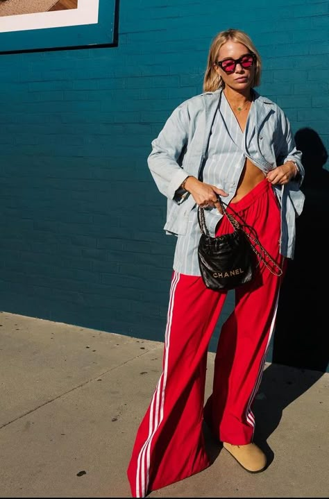 Red Jogging Pants Outfit, Red Track Pants Outfit, Red Sweatpants For Spring Streetwear, Red Adidas Pants Outfit, Sporty Red Jogging Pants, Red Sporty Trousers, Red Adidas Pants, Sporty Red Streetwear Pants, Jogging Adidas