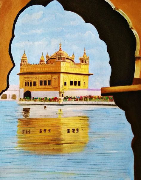 Gurudwara Painting, Waheguru Painting, Golden Temple Painting, Temple Oil Painting, Temple Painting, Temple Drawing, Sketch Images, Composition Painting, Venice Painting