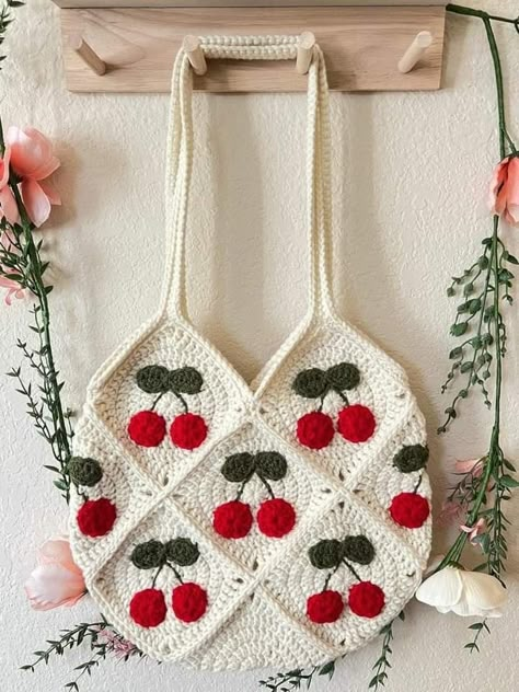 Cherry Granny Square Pattern, Crochet Cherry Bag, Cherry Granny Square, Cherry Crochet, Crochet Granny Square Bag, Sac Granny Square, Granny Square Tote Bag, Crochet Cherry, Tote Crochet