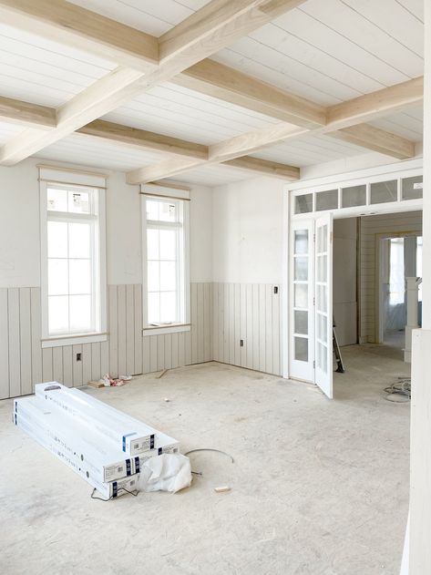 Whitewashed Wood Ceiling With Beams, Beams In Living Room And Kitchen, Shiplap Beam Ceiling, Shiplap Ceiling With Wood Beams, White Shiplap Ceiling With Beams, Shiplap Ceiling Kitchen, Shiplap Ceiling With Beams, Shiplap On Ceiling, White Ceiling Beams