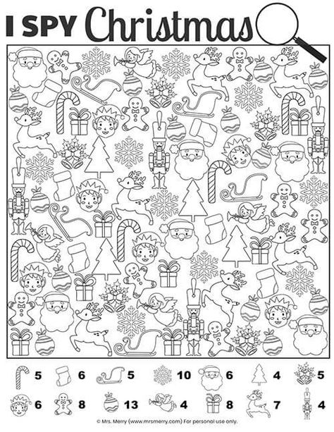 Free Printable I Spy Christmas Activity - Mrs. Merry I Spy Christmas, Christmas Printable Activities, Christmas Party Activities, Christmas Activity Book, Christmas Coloring Sheets, Christmas Worksheets, Christmas Activity, Christmas Activities For Kids, Hidden Pictures