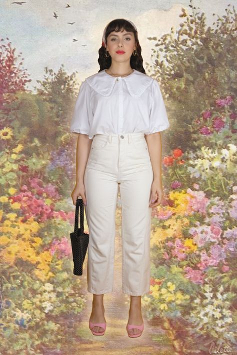 Big collar, peter pan collar, gola peter pan, look all white, cottagecore White Peter Pan Collar Shirt Outfits, Big Collared Shirt Outfit, White Peter Pan Collar Shirt, Big Collar Outfit, Peter Pan Collar Outfit, Collared Shirt Outfits, Collar Outfits, Peter Pan Collar Shirt, Peter Pan Collar Blouse