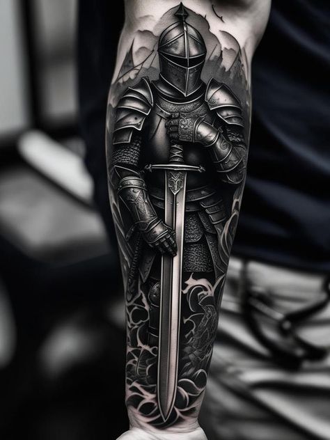 Crusader Knight Tattoo Design, Medieval Knight Tattoo, Armour Tattoo, Biblical Tattoos, Raiders Wallpaper, Patriotic Tattoos, Spartan Tattoo, Knight Tattoo, Crusader Knight