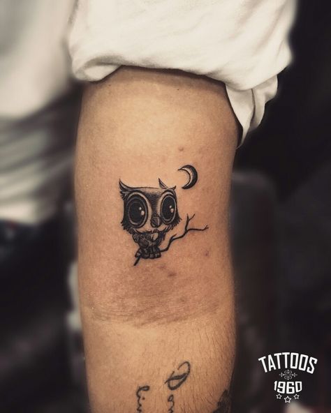 Cute tiny night owl tattoo moon with beautiful eyes Nocturnal Tattoo Design, Owl Moon Tattoo, Owl And Moon Tattoo, Night Owl Tattoo, Lower Arm Sleeve, Grandchildren Tattoos, Artistic Tattoos, Tattoo Moon, Owl Moon