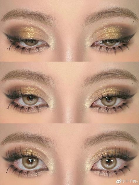 Gold Makeup For Prom, Doe Eyed Makeup, Aesthetic Eye Makeup, Face Transformation, Golden Eye Makeup, Aesthetic Eye, Golden Makeup, Maquillage On Fleek, Gold Makeup Looks