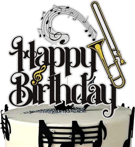 Amazon.com: Trombone Happy Birthday Cake Topper Black Gold Glitter Musical Music Notes Cake Decoration Band Music Lover Theme Birthday Party Supplies for Musician : 各色美食 Music Themed Birthday Cakes For Men, Happy Birthday Trombone, Music Notes Cake, Happy Birthday Music Notes, Musical Happy Birthday, Music Cake Topper, Music Note Birthday Cake, Music Note Cake, Music Themed Cakes