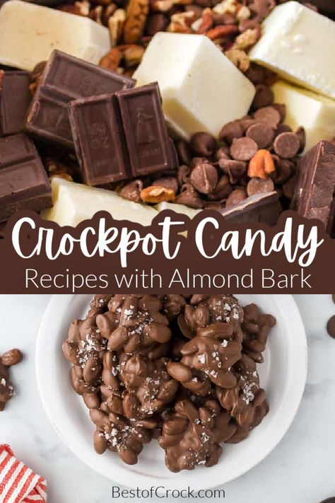 Get creative with your crockpot and some delicious crockpot candy recipes with almond bark to enjoy yourself or as a gift. Homemade Crockpot Candy | Simple Crockpot Candy | Crockpot Candy Ideas | Quick Crockpot Candy | Delicious Crockpot Candy | Crockpot Candy Ingredients | Easy Crockpot Candy Recipe | Best Crockpot Candy | Slow Cooker Candy | 3-Ingredient Crockpot Candy | Christmas Crockpot Candy Recipes | Slow Cooker Candy for Holiday Parties via @bestofcrock Peppermint Crockpot Candy, Crockpot Holiday Treats, Christmas Candy With Almond Bark, Crock Pot Candy Trisha Yearwood, Trisha Yearwood Crockpot Candy, Mr Goodbar Recipe, Easy Crockpot Candy Recipes, Crockpot Fudge Recipes, Recipes With Almond Bark