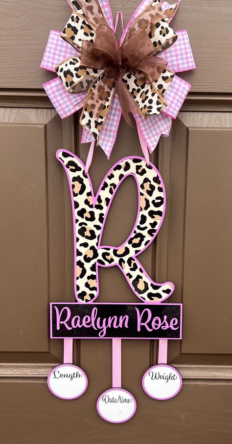 "This door hanger is made with lightweight materials , top is aluminum  (.02\")  printed with sublimation process (uv protected) and for the back  we use painted plywood  (.18\"). Size for the door hanger is  24-28\" from the bow to the bottom (main sign is 10-13\", middle plaque 4.5\", little plaques 3\" each, plus hanging ribbons). You can use a permanent marker to fill in the date, time, weight and length. Color and pattern of ribbons for the bow won't be exactly like the picture but will mat Door Hanger Baby Name, Twins Hospital Door Hanger, Baby Girl Door Hanger For Hospital, Diy Hospital Door Hanger, Newborn Door Hanger, Baby Girl Hospital Door Hanger, Baby Girl Door Hanger, Boy Door Hanger, Baby Door Wreaths