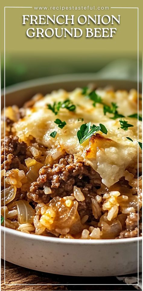 This French Onion Ground Beef and Rice Casserole is a comforting and hearty dish perfect for family dinners. Ground beef is sautéed with caramelized onions, seasoned to perfection, and mixed with rice and beef broth, then baked to create a flavorful, cheesy casserole. Topped with Swiss cheese, crispy French fried onions, and fresh parsley, it’s the perfect balance of savory flavors and textures. Dinners Ground Beef, French Onion Ground Beef, French Fried Onion Recipes, Ground Beef And Rice Casserole, French Onion Casserole, Rice And Beef, Fried Onions Recipe, Beef And Rice Casserole, Ground Beef And Rice