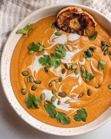 Squash And Lentils, Creamy Squash, Recipes Using Beans, Kabocha Squash Soup, Roasted Kabocha Squash, Kabocha Squash, Roasted Squash, Miso Soup, Squash Soup