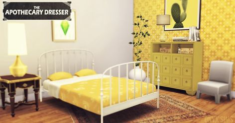 An apothecary style dresser for sim's homes. It comes in 25 colors and has slots on the top and in the cubbies so you can decorate to ... Yellow Bed, Sims 4 Cottage, Apothecary Style, Yellow Furniture, Style Dresser, Yellow Bedding, Toddler Beds, Sims 4 Toddler, Sims 4 Update