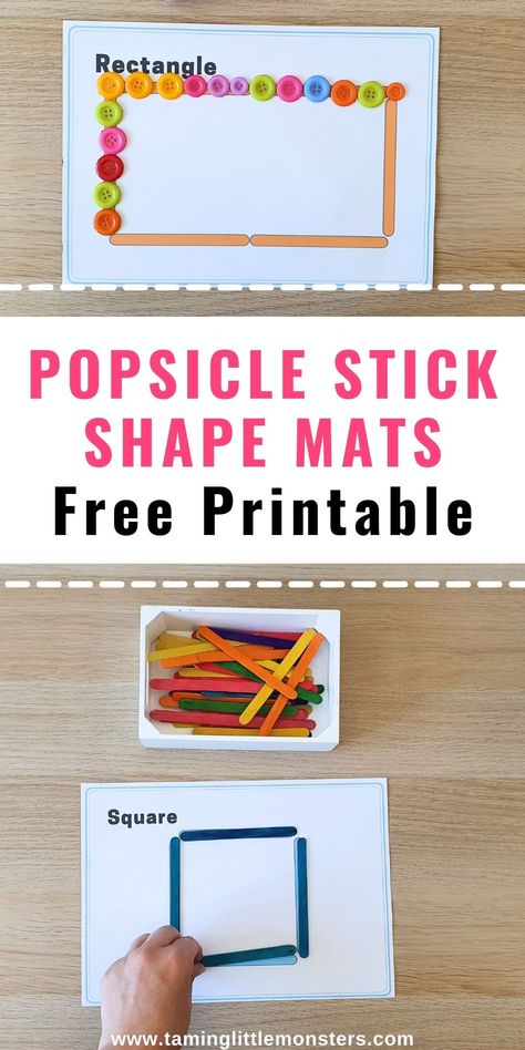 Popsicle Stick Shape Mats, Popsicle Learning Activities, Shape Popsicle Sticks, Infant Shape Activities, Outdoor Shape Activities, Trapezoid Craft Preschool, Popsicle Stick Fine Motor Activity, Shapes Activities For Preschoolers, Colored Popsicle Stick Activities