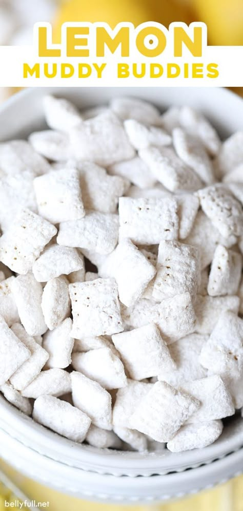 Whether you call them Muddy Muddies, Puppy Chow, or Chex Mix, nobody can deny how unbelievably delicious they are. Pretty much the most addictive snack or dessert ever. And such an easy recipe, ready in just 15 minutes. These ones are made with white chocolate, lemon juice, and lemon zest! Lemon Bar Muddy Buddies, Lemon Muddy Buddy Recipe, Lemon Chex Mix, Lemon Muddy Buddies, Lemon Chex, Lemon Puppy Chow, Puppy Chow Cookies, Lemon Snack, Chex Mix Recipes Original